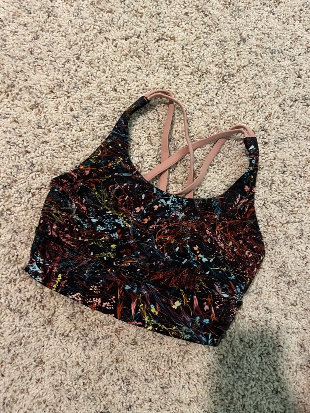 lululemon athletica Black Floral-Print Strappy Sports Bra with Pink Straps